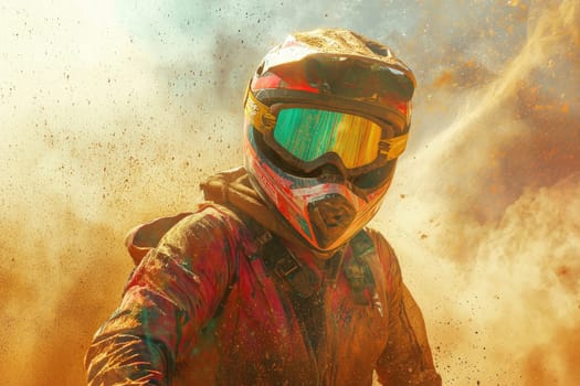 An exhilarating image capturing an off-road rider enveloped in colorful dust, showcasing the thrill and excitement of extreme sports and adventure in outdoor settings.