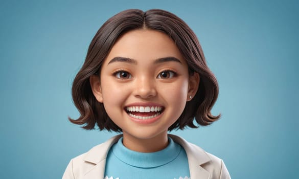 A young woman with short brown hair smiles broadly against a light blue background. She is wearing a white lab coat over a blue shirt.