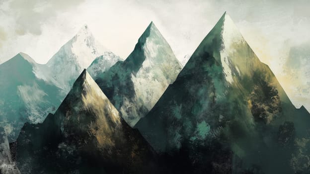 A striking abstract painting featuring sharp triangular mountain peaks. the composition uses earthy tones and contrasting shades to create a dynamic yet serene landscape, ideal for modern home or office decor.