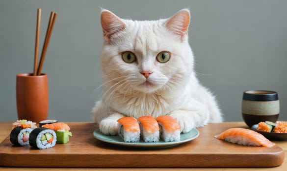 A white cat sits at a table with its paws on a plate of sushi. The cat has a serious expression on its face, as if it is contemplating the deliciousness of the salmon sushi in front of it.