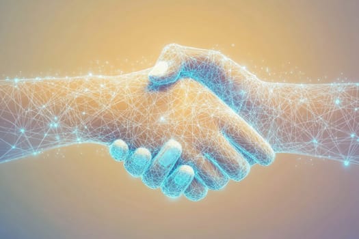 Two futuristic hands shaking representing a business agreement or partnership in the digital world