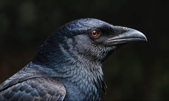 A black raven with a sharp beak stares intently into the distance. Its feathers are smooth and glossy, with an orange eye visible. The background is dark and blurred.