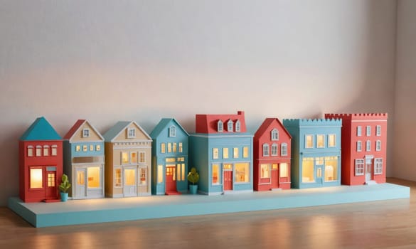 A miniature town of colorful houses with lit windows is displayed on a shelf against a white wall. Each house has a unique design and color scheme.