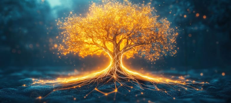 Luminous digital tree illuminates the dark, its roots forming an intricate network of glowing lines that spread across the ground