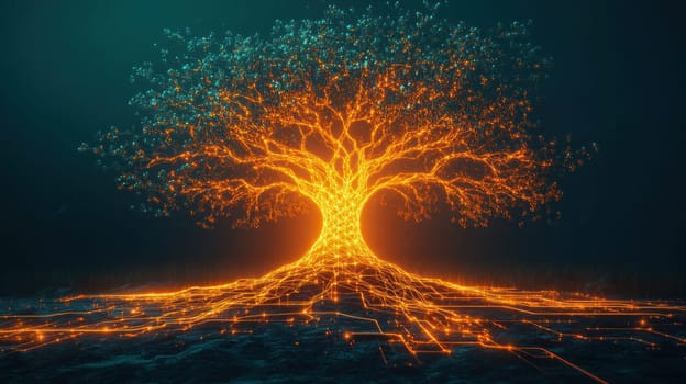 Golden tree with roots made of glowing microchips illustrating the connection between nature and technology, creating a powerful visual metaphor