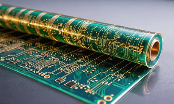 A roll of flexible printed circuit board material is unfurling on a table, revealing the detailed copper traces and green epoxy substrate.