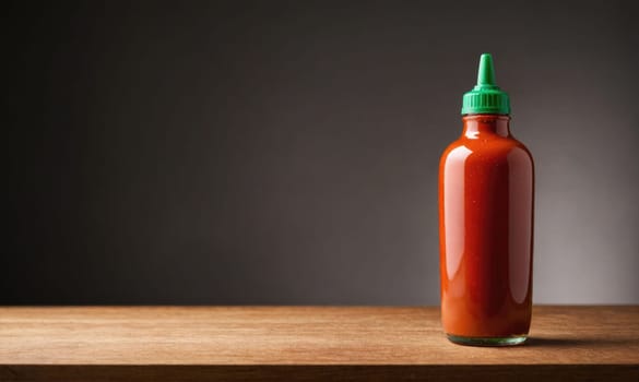 A glass bottle of hot sauce with a green lid sits on a light brown wooden table against a gray background.