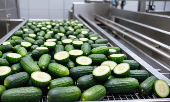 A conveyor belt is filled with cucumbers. The cucumbers are moving along the belt and being processed.