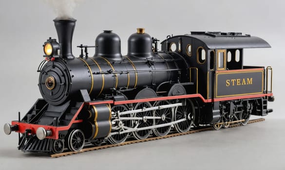 A detailed model of a black steam locomotive with a red stripe and gold trim is sitting on a gray surface. The locomotive has a large smokestack, a bright headlight, and multiple wheels.