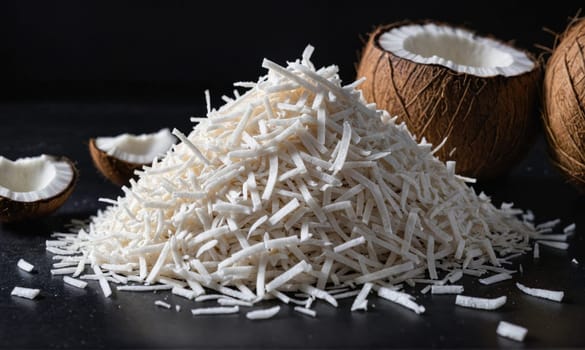 Shredded coconut lies on a black surface. Two whole coconuts lie behind the pile.
