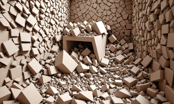 A room is filled with broken pieces of concrete, some large and some small. There is a partially formed arch in the background.