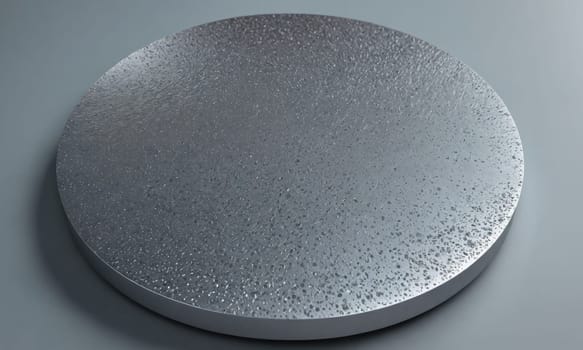 A silver disc with a textured surface sits on a gray background. The disc is round and has a slightly raised edge.
