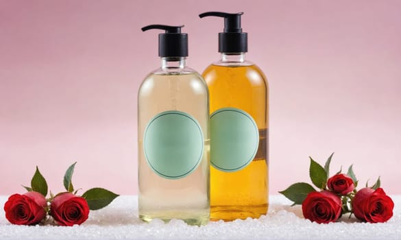 Two clear bottles with pumps filled with different colored liquids are displayed on a white surface. The bottles have round, mint green labels with a white border.