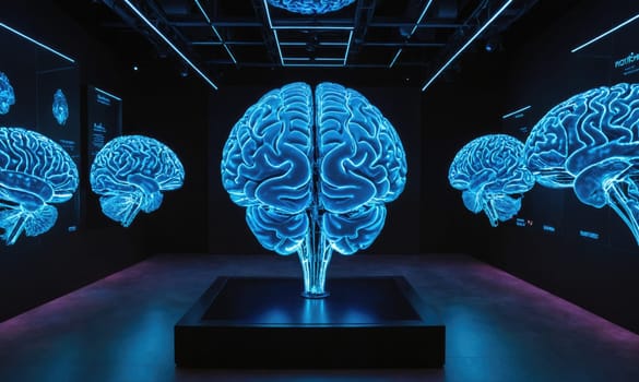 An illuminated, anatomical brain model sits on a black pedestal, with smaller, similarly-styled models of brains on the walls surrounding it.