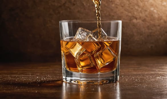 A glass filled with ice is on a wooden table. Whiskey is being poured into the glass.