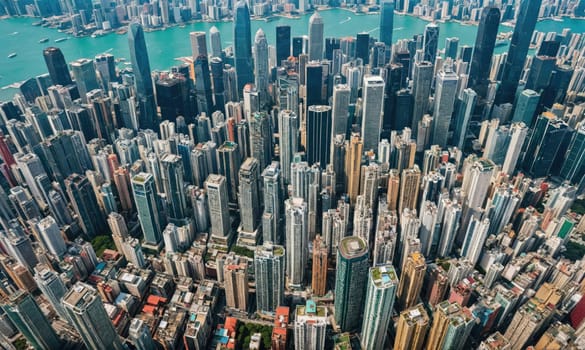 A dense urban landscape with many skyscrapers and buildings. The image is taken from above, showing the city's skyline and the harbor.