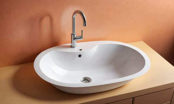 A white oval sink with a chrome faucet is mounted on a countertop. The background wall is a peachy orange color.