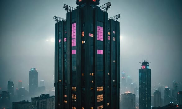 A towering, dark skyscraper with windows glowing pink is seen in the center of the image. It stands out against a backdrop of a city in the distance shrouded in mist.