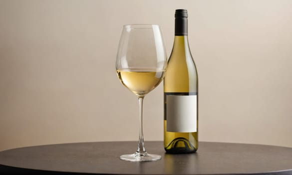 A partially filled glass of white wine and a full bottle of white wine sit on a brown table. The background is a light beige wall.