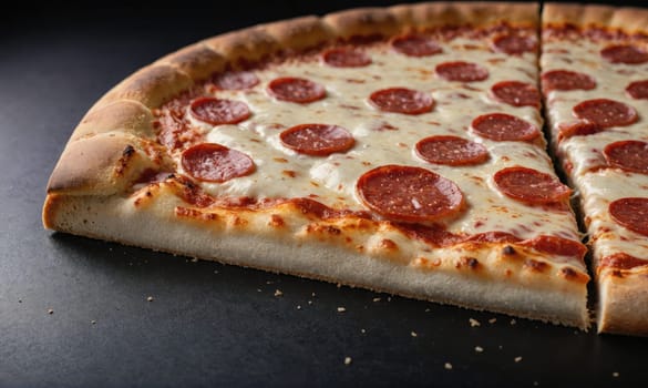 A slice of pepperoni pizza sits on a black surface, with melted cheese and pepperoni toppings. The pizza has a thick, golden crust, with visible bubbles of air.