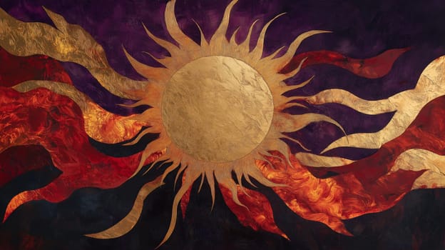 Abstract artwork showcasing a bold, radiant golden sunburst, surrounded by dynamic, swirling waves in vibrant red and purple hues. perfect for modern wall decor, this piece exudes warmth and energy.