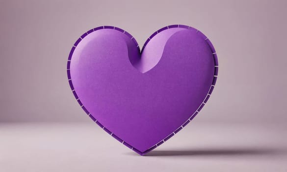 A purple heart with a white stitched outline rests on a pale purple surface.