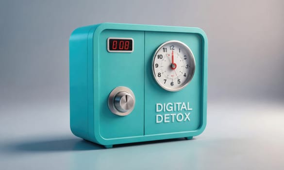 00.: A blue box with the words Digital Detox on it, is a timer with a dial, clock face, and digital display.