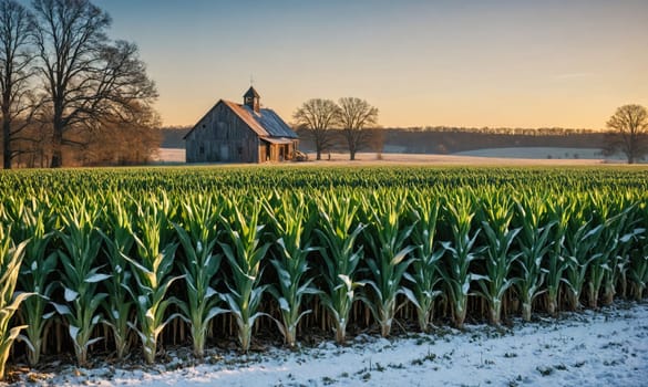 A wooden barn with a steeple stands on the edge of a field of corn. The corn stalks are tall and green, with a light layer of frost on their leaves.
