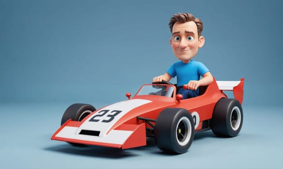 A cartoon man, wearing a blue shirt, smiles as he drives a red race car. The car has a white stripe and the number 23 on the side. The background is a light blue.