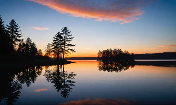 A serene lake with a peaceful reflection of the sunset sky. Trees line the shore, their silhouettes mirroring in the still water. The sky is a gradient of blue fading into pink and orange.