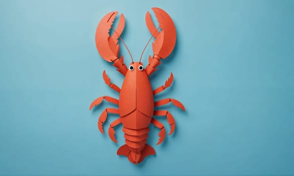 A paper lobster made from red paper is positioned on a blue background. The lobster has large claws and detailed features, including eyes.