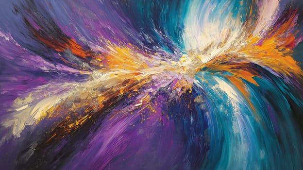 Dynamic abstract painting featuring vibrant swirls of purple, blue, and gold. energetic brushstrokes create a sense of movement and flow, merging bold colors in an expansive composition. perfect for modern design and decor.