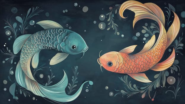 Illustrative scene depicting two intricately detailed fish, inspired by a vintage nautical style. the artwork features elegant linework and muted tones, evoking a classic, timeless aesthetic, suitable for artistic designs.