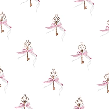 Pattern keys with pink ribbons. Hand drawing vintage things with a bow on isolated white background. Elegant ornament for printing on textiles or wallpaper. Baby design. For princesses. High quality illustration