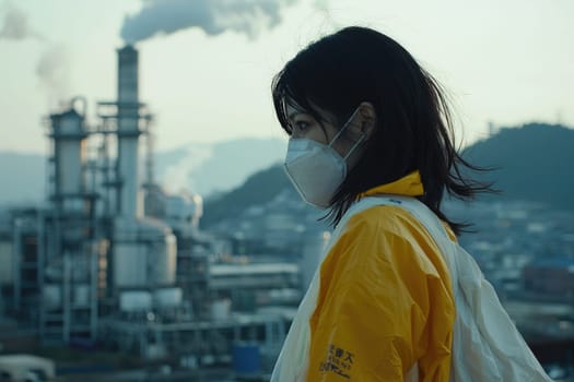A woman in a yellow protective suit and mask gazes thoughtfully towards an industrial area, highlighting the impact of pollution and the significance of sustainability in modern society.
