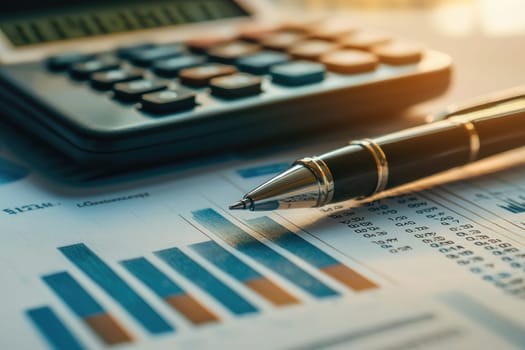 A visually striking close-up image of a calculator, a pen, and detailed graphs, encapsulating the essence of financial analysis, business performance, and professional planning in the modern workspace.