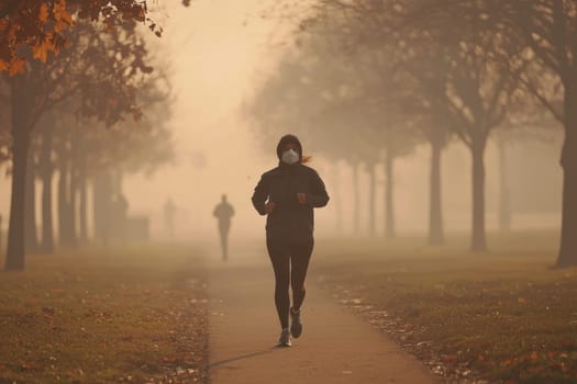 A serene morning scene features a runner wearing a mask, jogging through a foggy park landscape, emphasizing the importance of health and fitness in a tranquil environment.