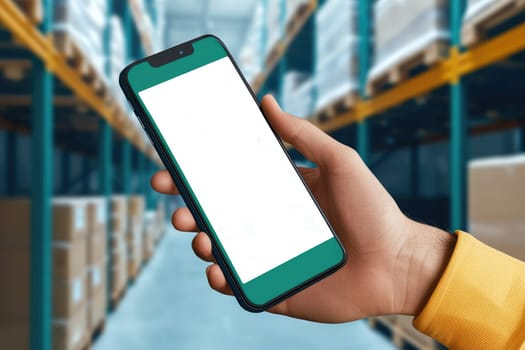 A close-up view of a hand holding a smartphone with a blank screen in a warehouse setting, showcasing the technology used for managing inventory and logistics.