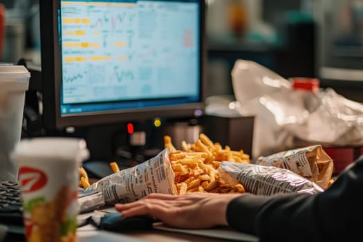A close-up view of a hand reaching for delicious French fries amidst a busy office environment, showcasing a computer with financial data, capturing the essence of late-night productivity.