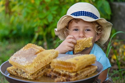 A child eats honey from a comb. Selective focus. Kid.