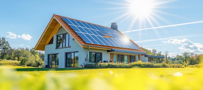 Residential building with photovoltaic panels on roof producing sustainable electricity under bright sun, promoting renewable energy and eco friendly living