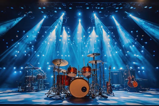 Drum set and guitars ready on empty stage under blue lights, waiting for the musicians to start the concert