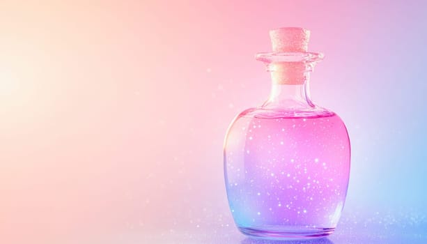 Pink and blue magic potion in a glass bottle with cork stopper, on sparkling gradient background