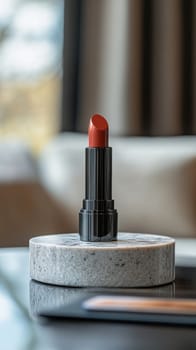 Elegant dark red lipstick standing on a marble podium in a hotel room, ready for a night out