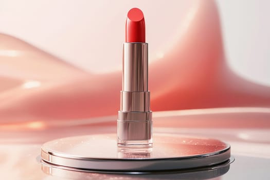 Red lipstick with silver tube is displayed on a podium with flowing drapes in the background, creating a luxurious and elegant beauty product presentation