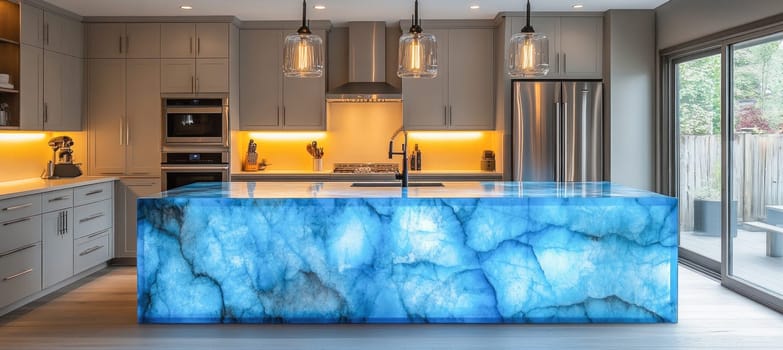Backlit blue marble countertop illuminating modern kitchen with stainless steel appliances and hanging lamps