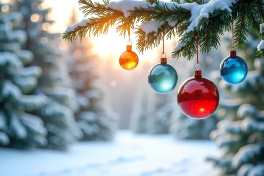 Brightly colored ornaments dangle from a snowy evergreen branch as sunlight filters through a winter forest, creating a serene holiday atmosphere - Generative AI