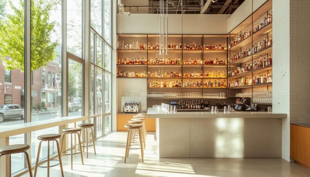 Sunlight illuminates contemporary bar interior with extensive backlit liquor collection, polished concrete floor, and stylish barstools