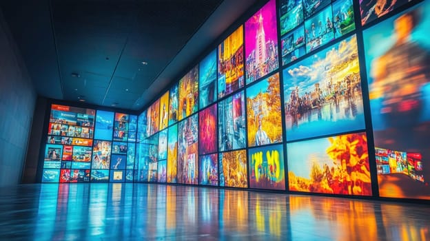 Modern art gallery showcasing a collection of colorful digital artwork on a large video wall, creating an immersive visual experience