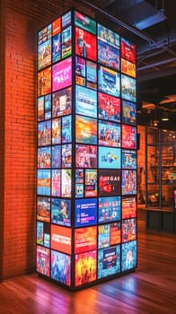 Interactive touchscreen kiosk showing colorful media content, illuminating modern interior with vibrant digital art